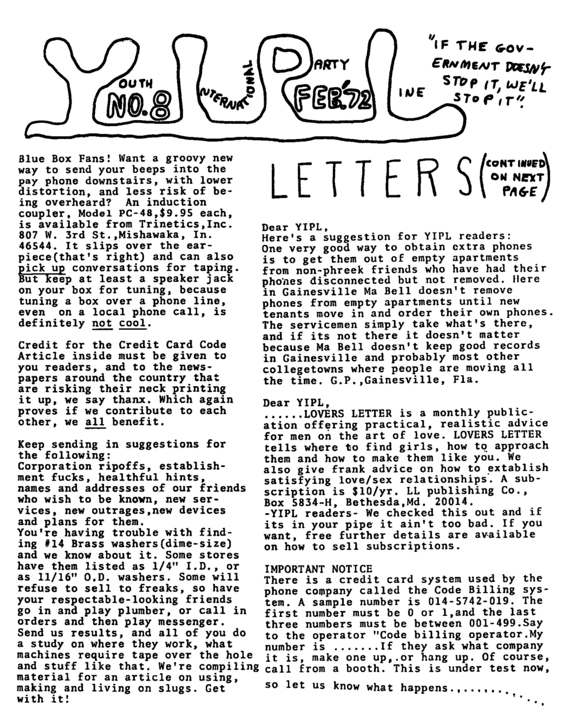 TAP No. 8 - Credit Card Calls / 1972 Code