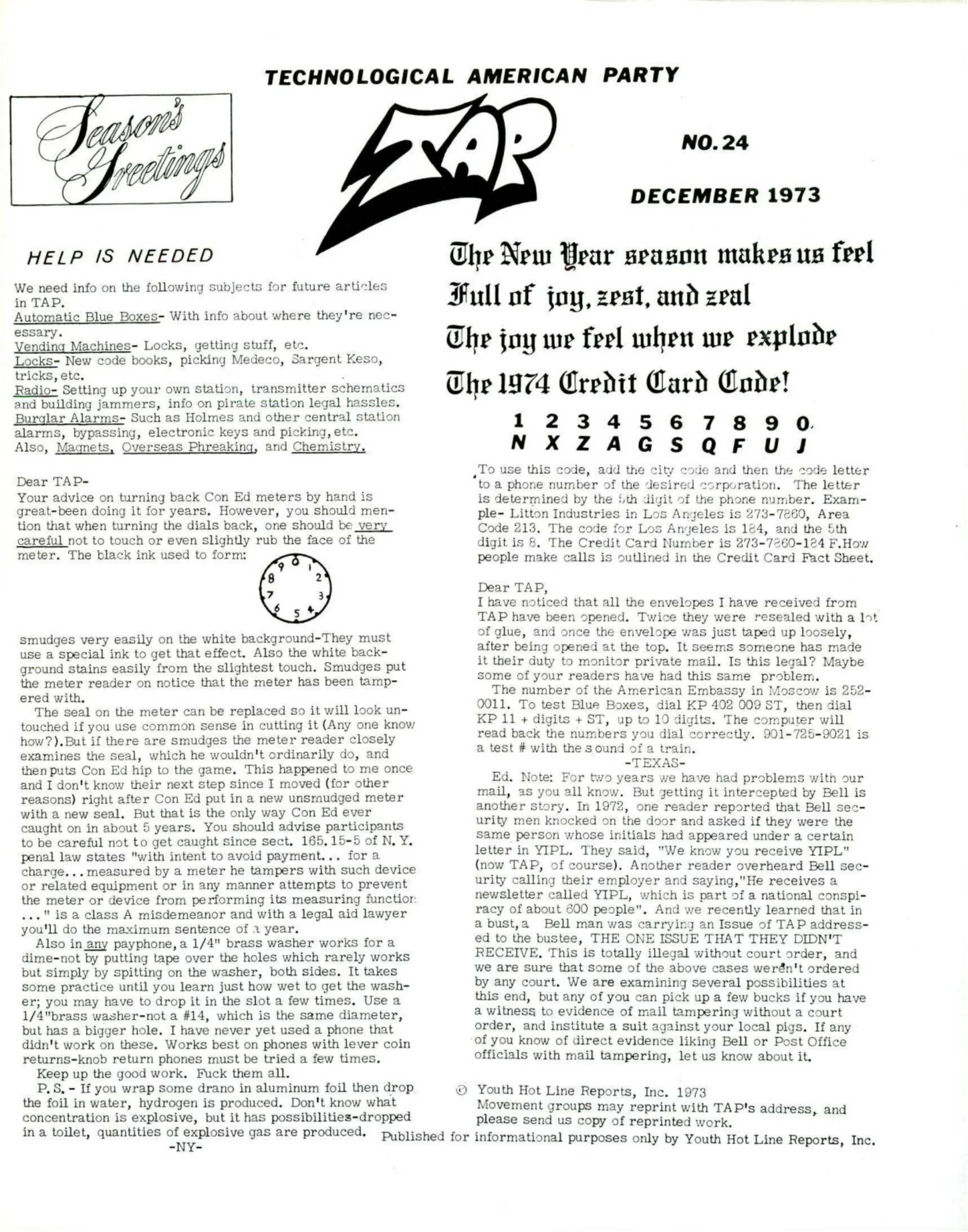 TAP No. 24 - Fraud Detectors, Index of TAP Issues, 1974 CC Code