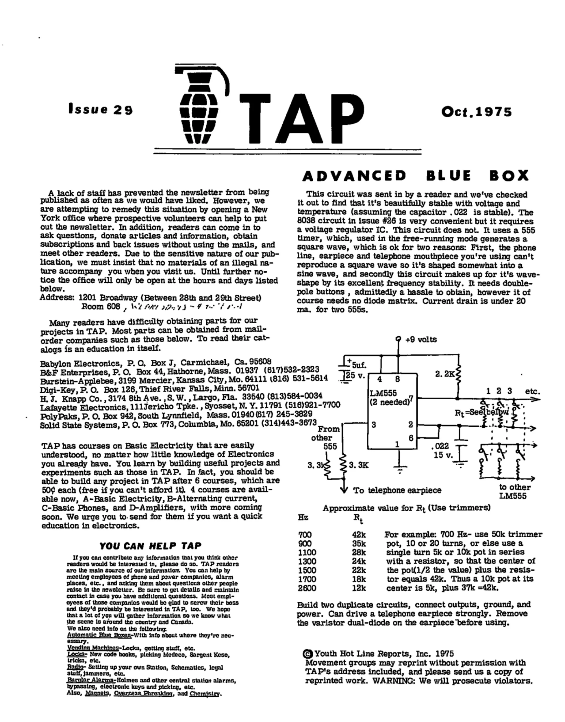 TAP No. 29 - Improved Bluebox & Snooplite, Int'l Codes