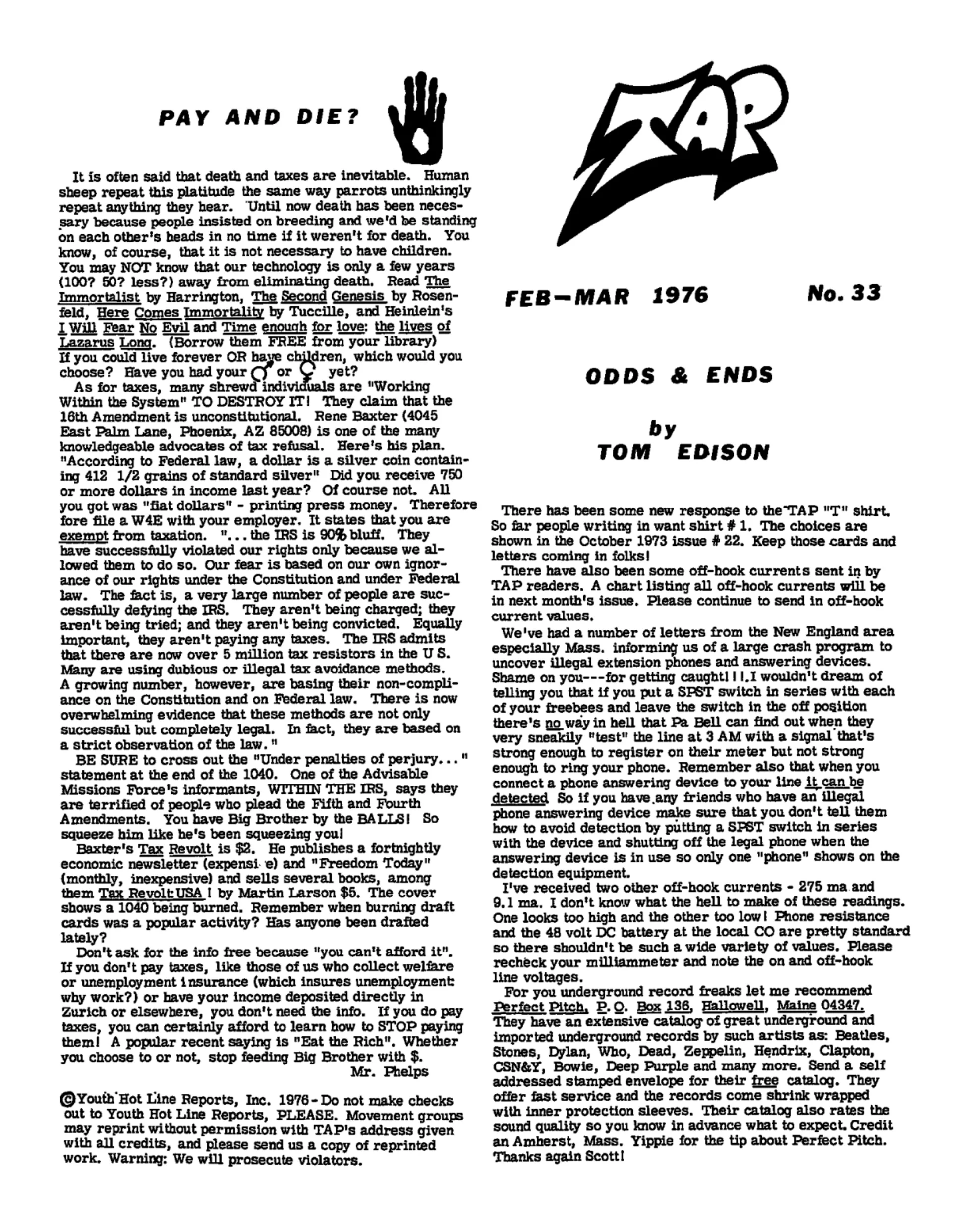 TAP No. 33 - Supermarket Codes and Ripoffs, Tax Refusal