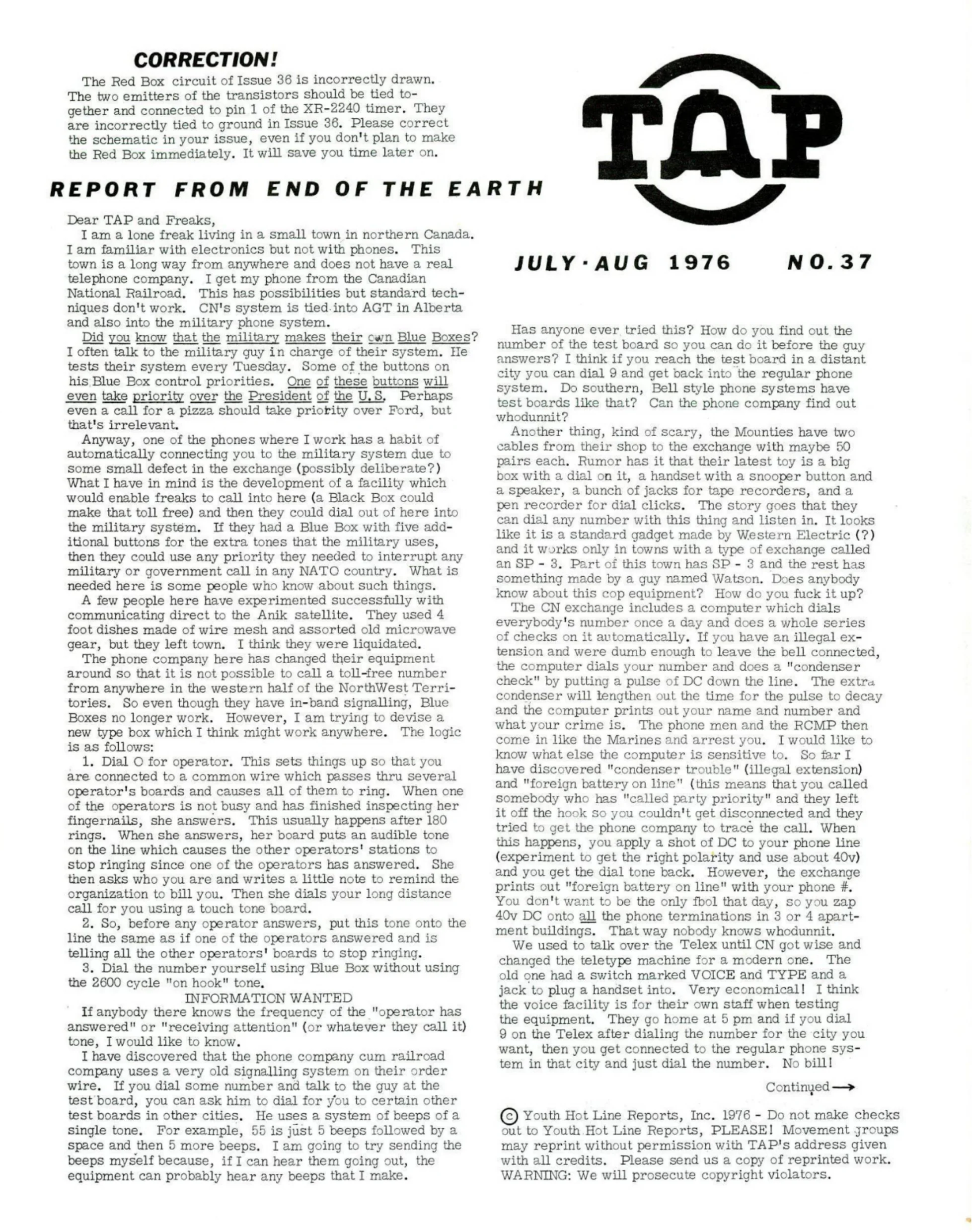 TAP No. 37 - Report from NW Canada, CCIS Report