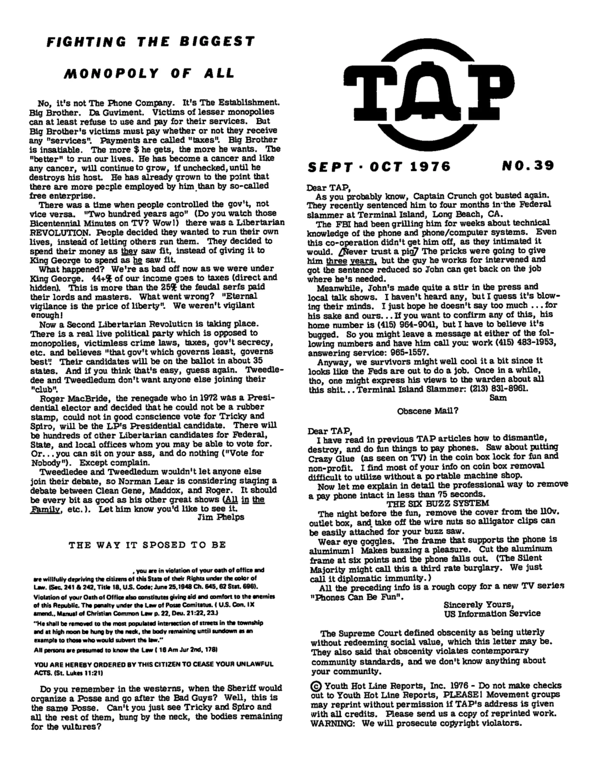 TAP No. 39 - Fighting the Biggest Monopoly, Free Postage, Free Xerox
