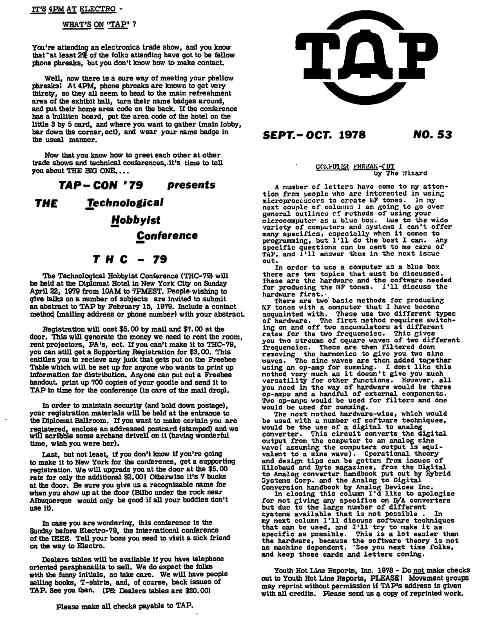 TAP No. 53 - Meeting Phone Phreaks at Trade Shows, THC-79 Conference, Microcomputer Blue Box Tones