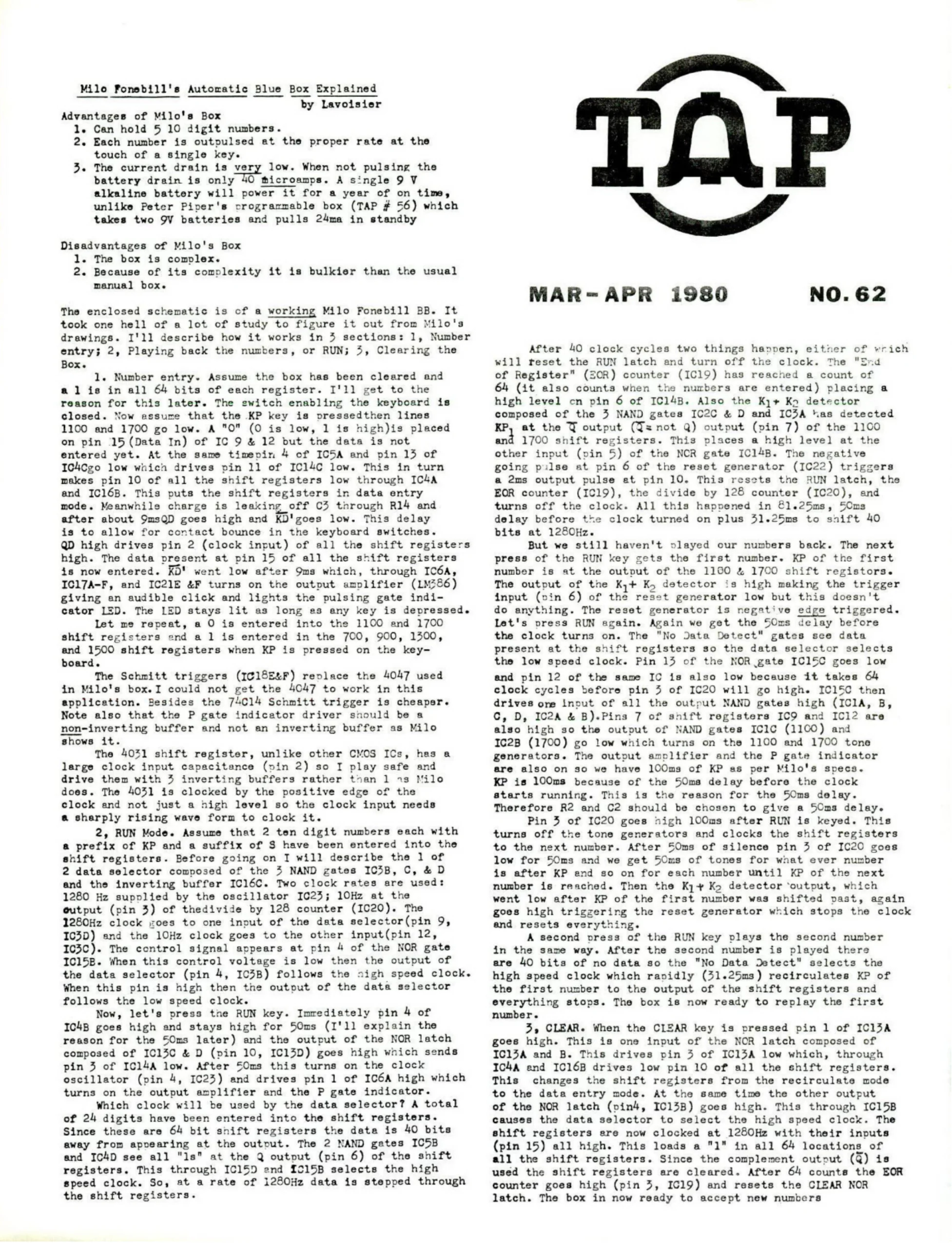 TAP No. 62 - Milo Fonebill's Automatic Blue Box Explained
