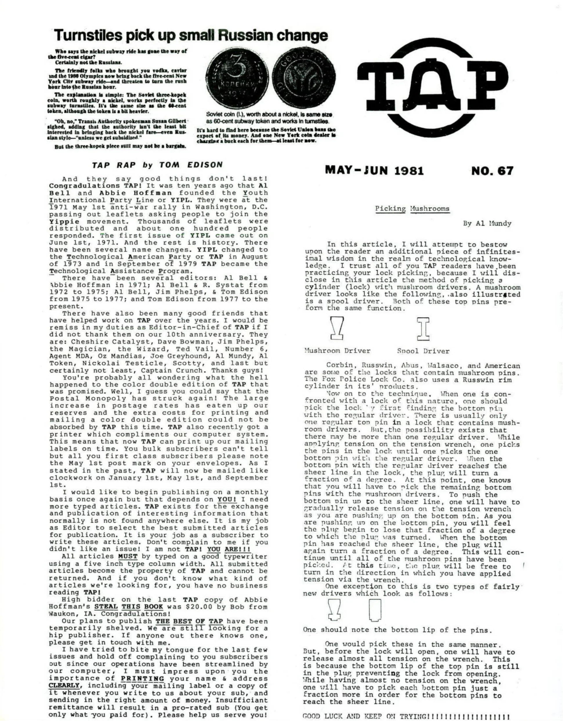 TAP No. 67 - TAP's 10th Anniversary, Picking Mushroom-Pin Locks