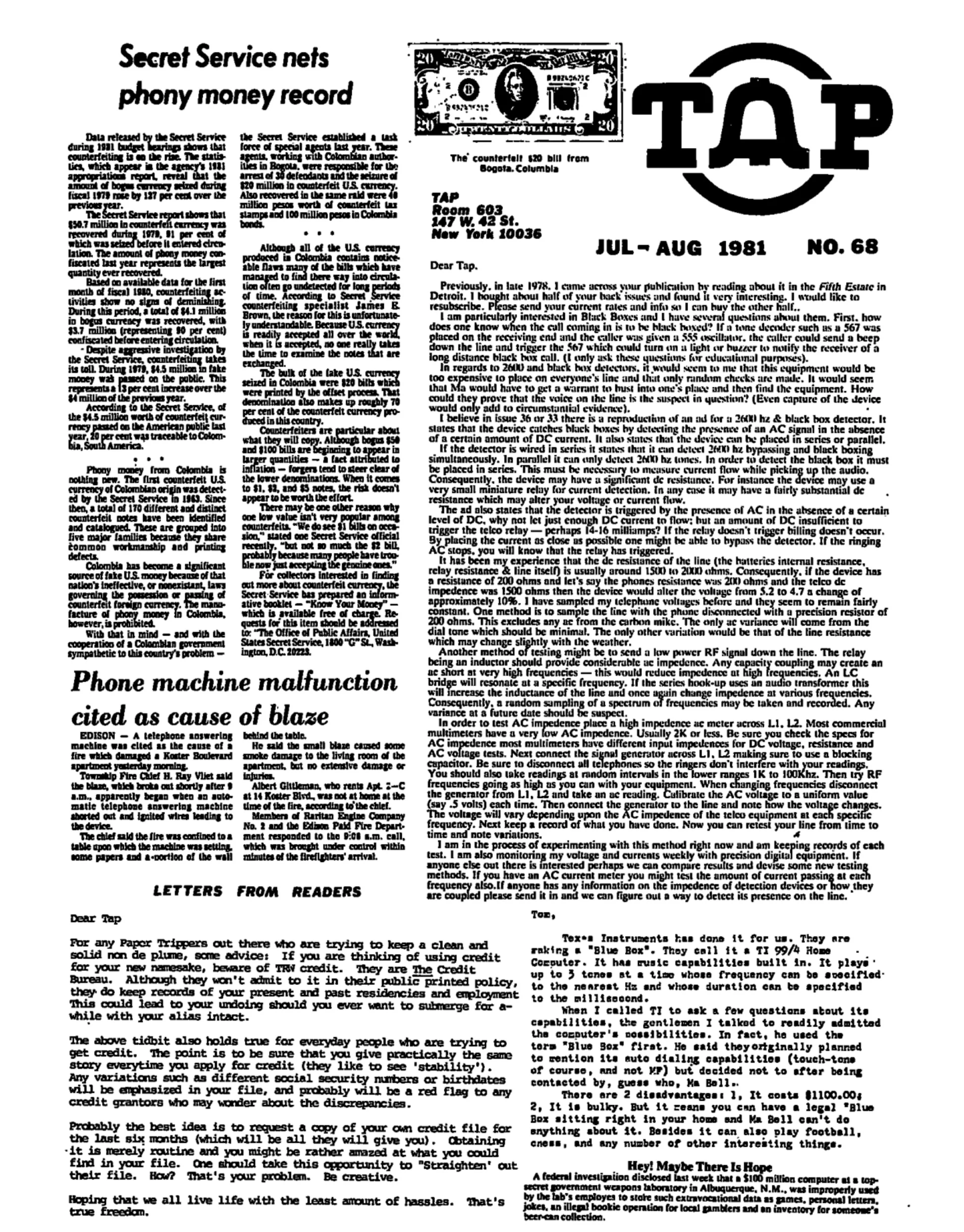 TAP No. 68 - Secret Service Counterfeit Currency Report