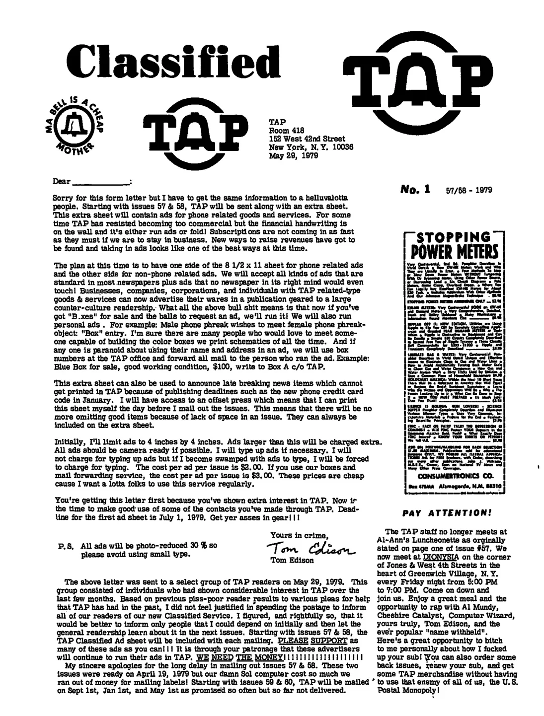 TAP Classified No. C1 - Ad Sheet Debuts