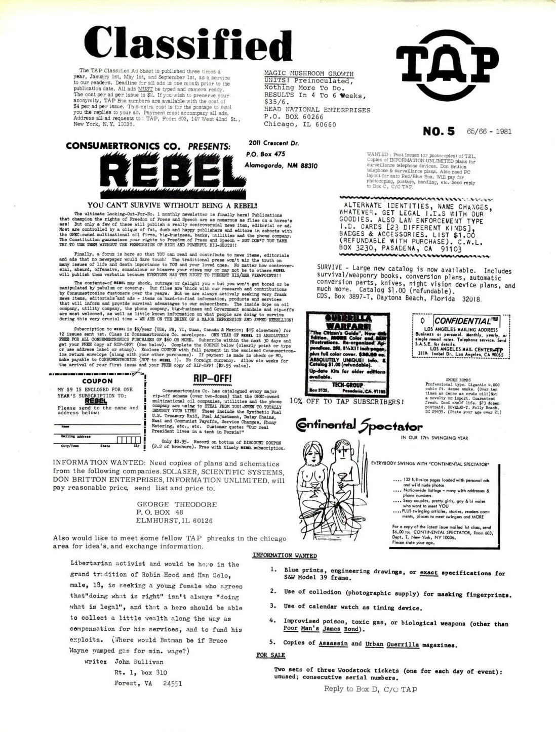 TAP Classified No. C5 - Free Abbie Hoffman Campaign & WATS-80 Report