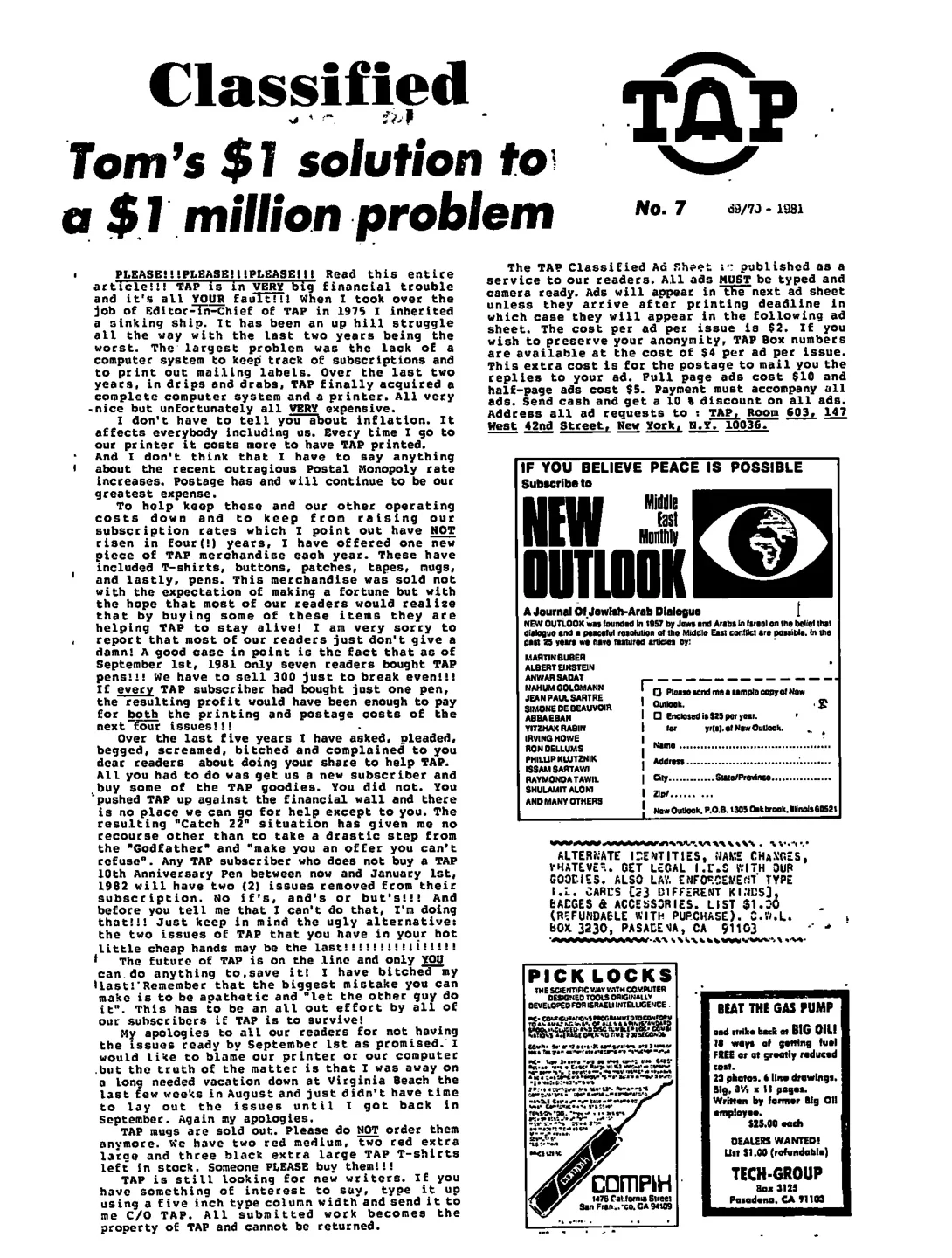 TAP Classified No. C7 - Editor's Financial Appeal